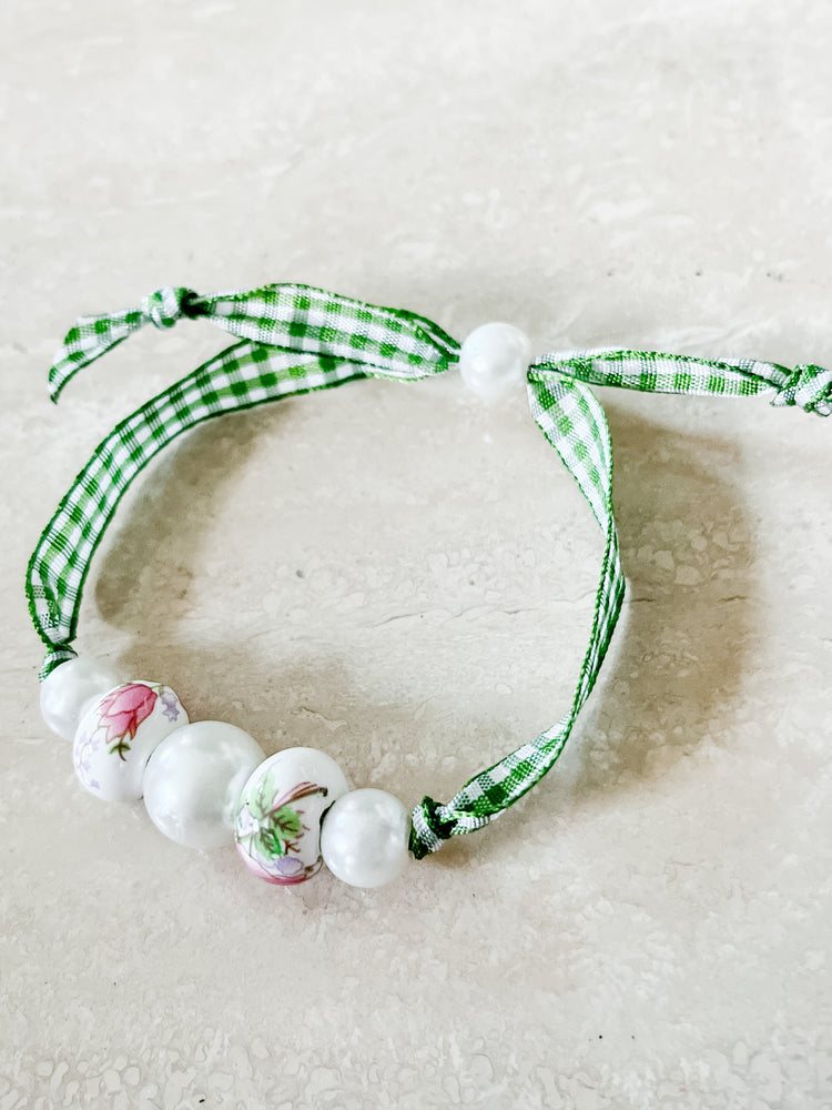 Beaded Hunter Green Gingham Adjustable Bracelet