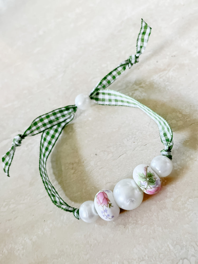 Beaded Hunter Green Gingham Adjustable Bracelet