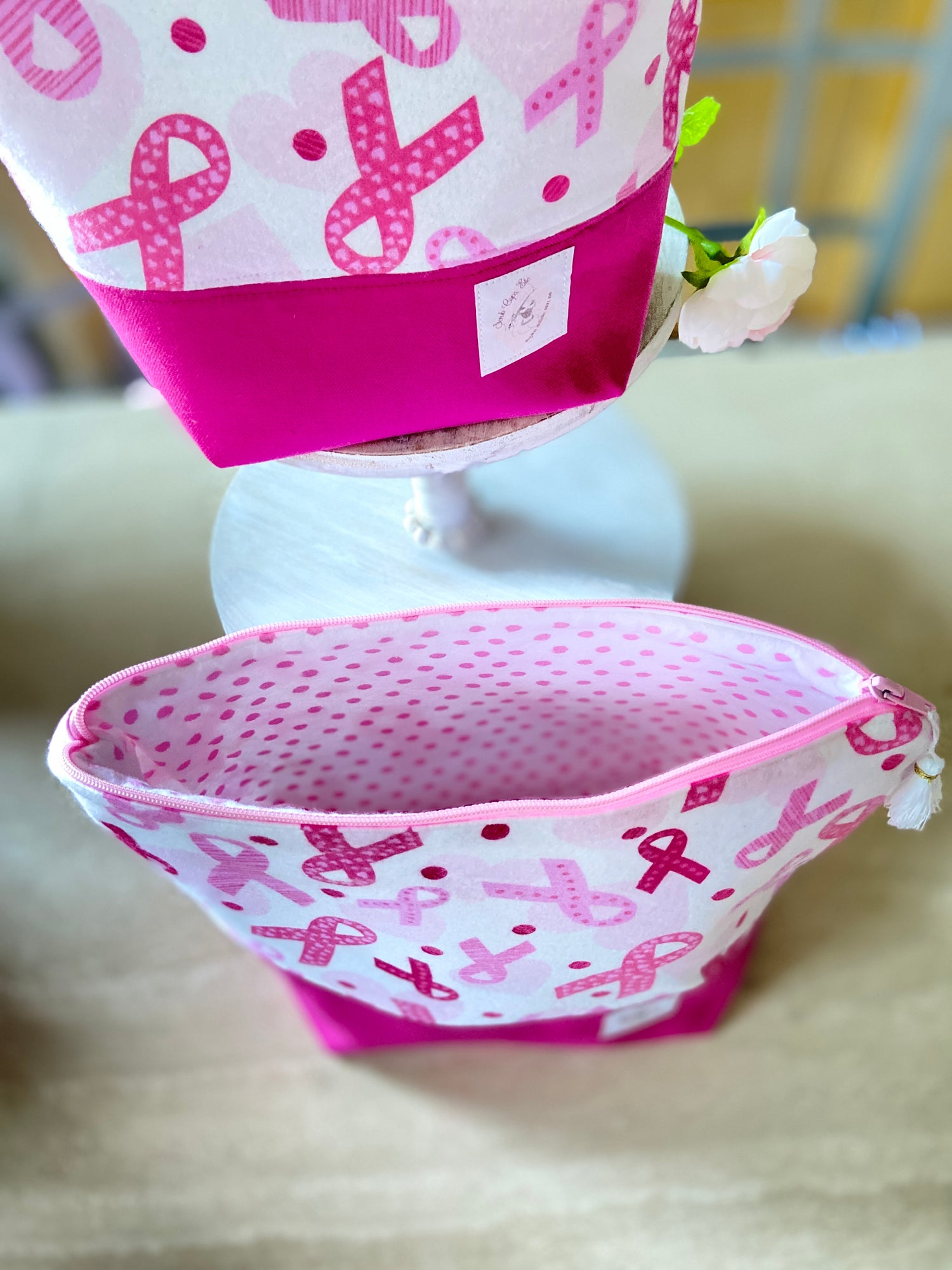 pink ribbon, breast cancer awareness Fundraiser – Knitting/Crocheting Project bag, yarn bowl